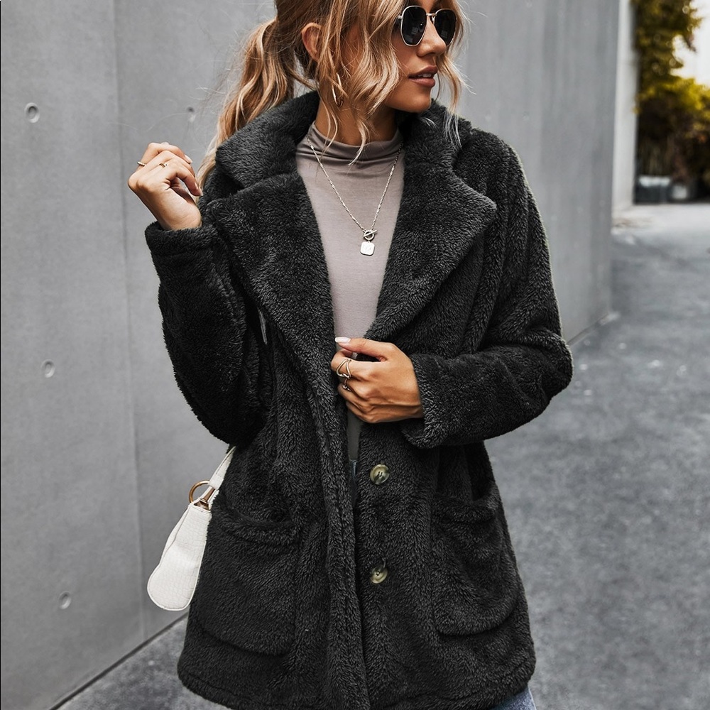 Charcoal comfy button pocket teddy jacket pea coat - Picture 6 of 12